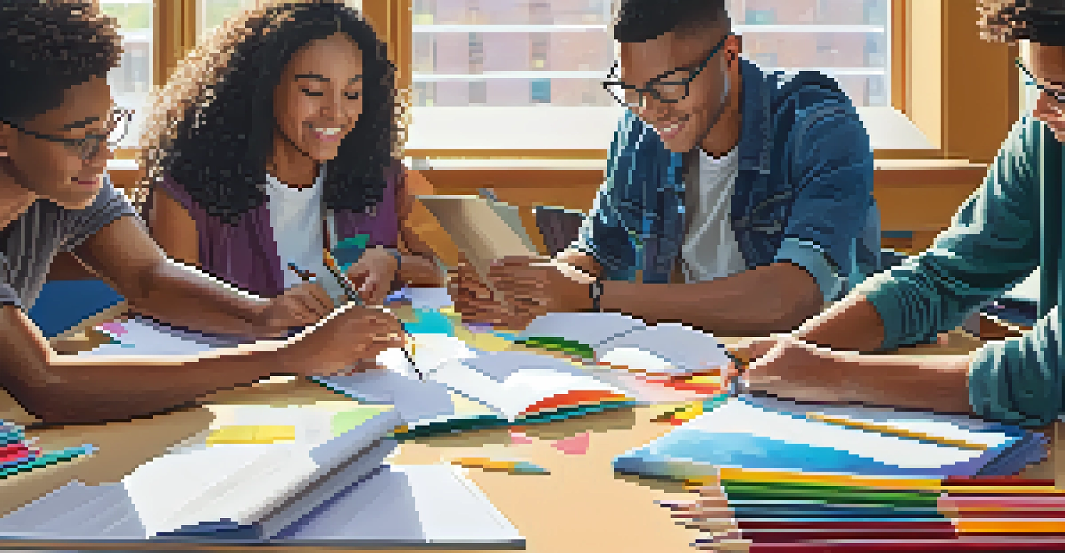 Students collaborating on a project in a modern classroom, with hands on papers and laptops.
