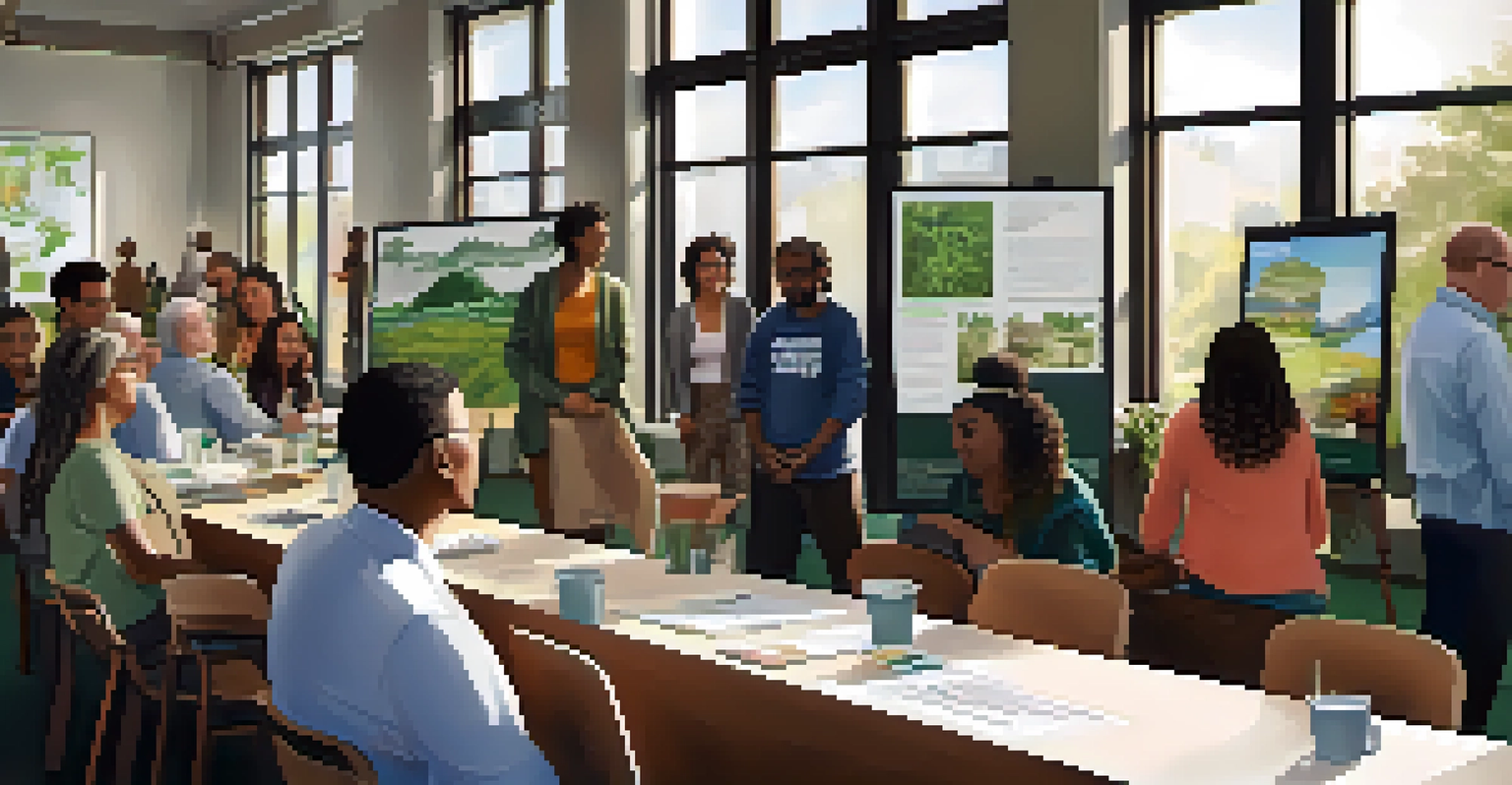 Diverse individuals participating in a workshop about climate change, surrounded by educational materials on sustainability.