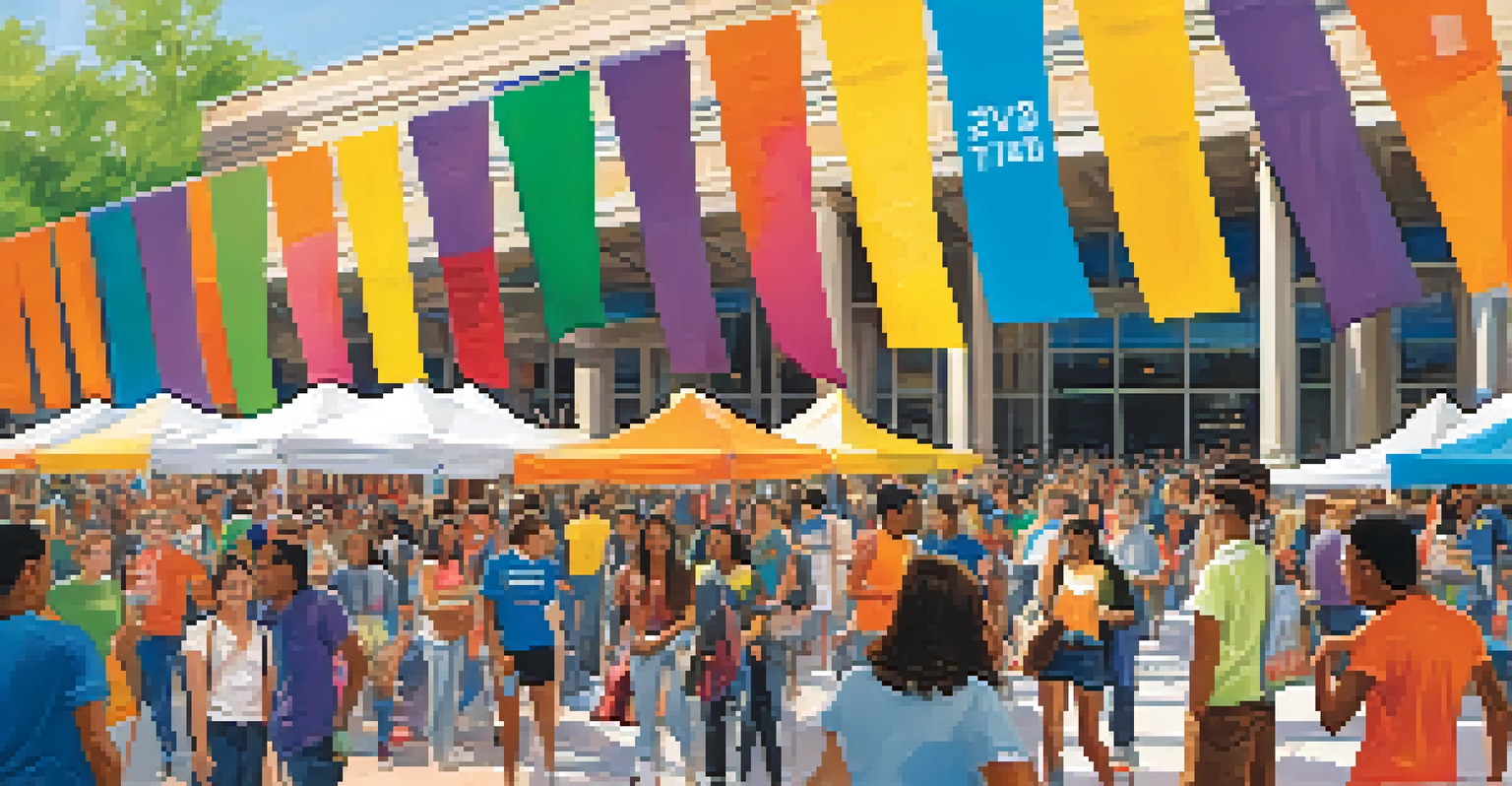 A student organization fair with booths and students interacting in a vibrant university setting.
