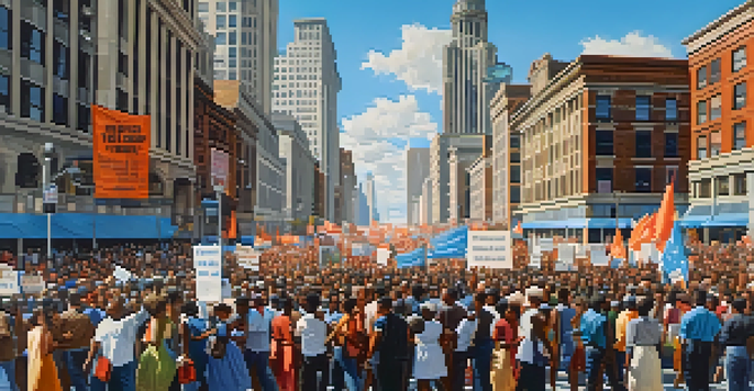 A historic civil rights march in Chicago, with diverse activists holding banners, historic buildings in the background, and a clear blue sky.
