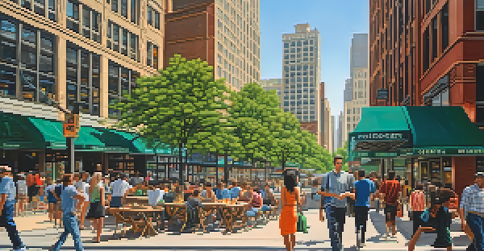 A vibrant urban scene in Chicago with skyscrapers, busy streets, and green parks under sunlight.
