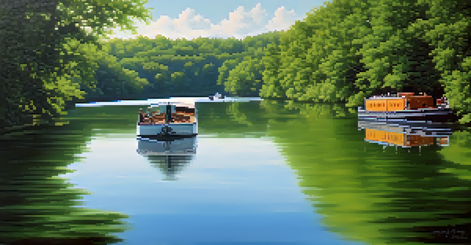 Illinois River with a barge, green trees on the banks, and a clear sky.