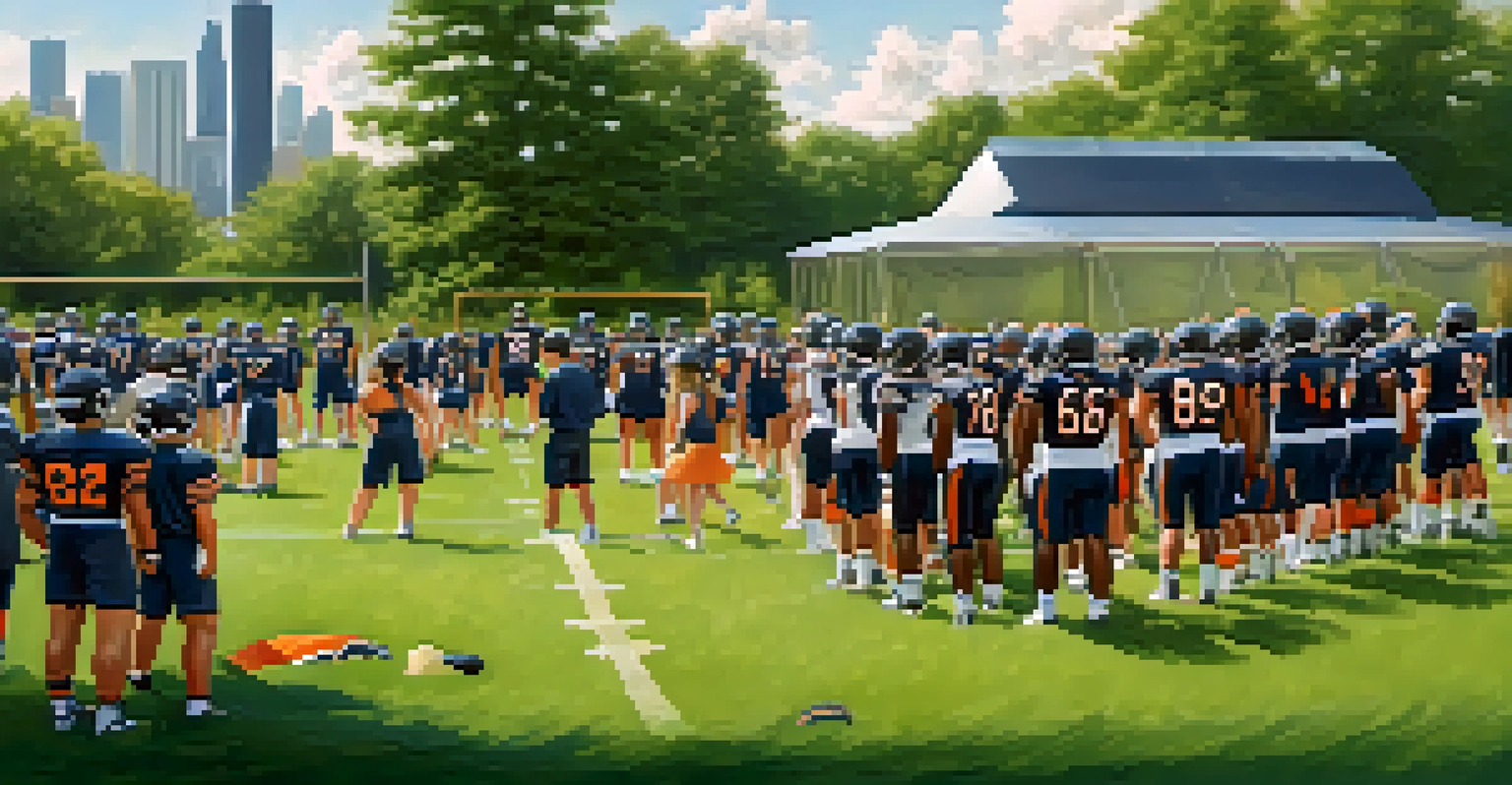 Modern training camp for Chicago Bears, featuring young athletes practicing under a clear blue sky with coaches giving instructions.