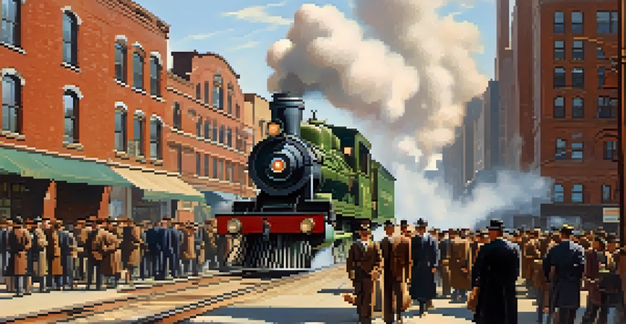 A busy street in early 20th century Chicago with workers, factories, and a steam locomotive.