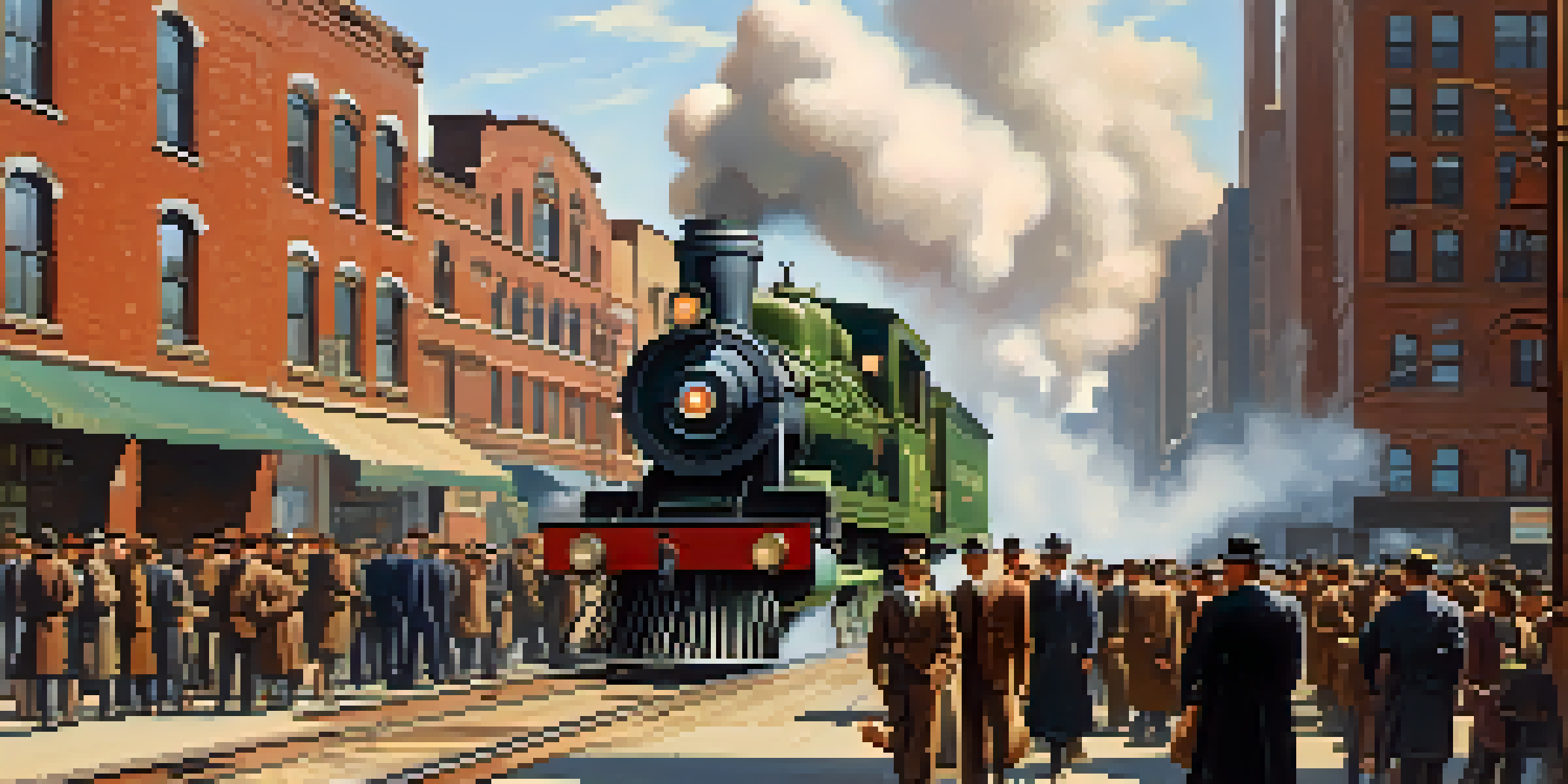 A busy street in early 20th century Chicago with workers, factories, and a steam locomotive.
