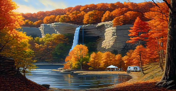 A scenic view of Starved Rock State Park in autumn, featuring colorful fall leaves, canyons, waterfalls, and a cozy campsite with a tent and campfire.