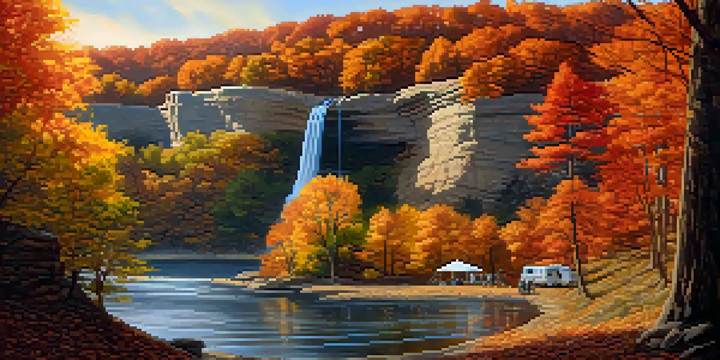 A scenic view of Starved Rock State Park in autumn, featuring colorful fall leaves, canyons, waterfalls, and a cozy campsite with a tent and campfire.