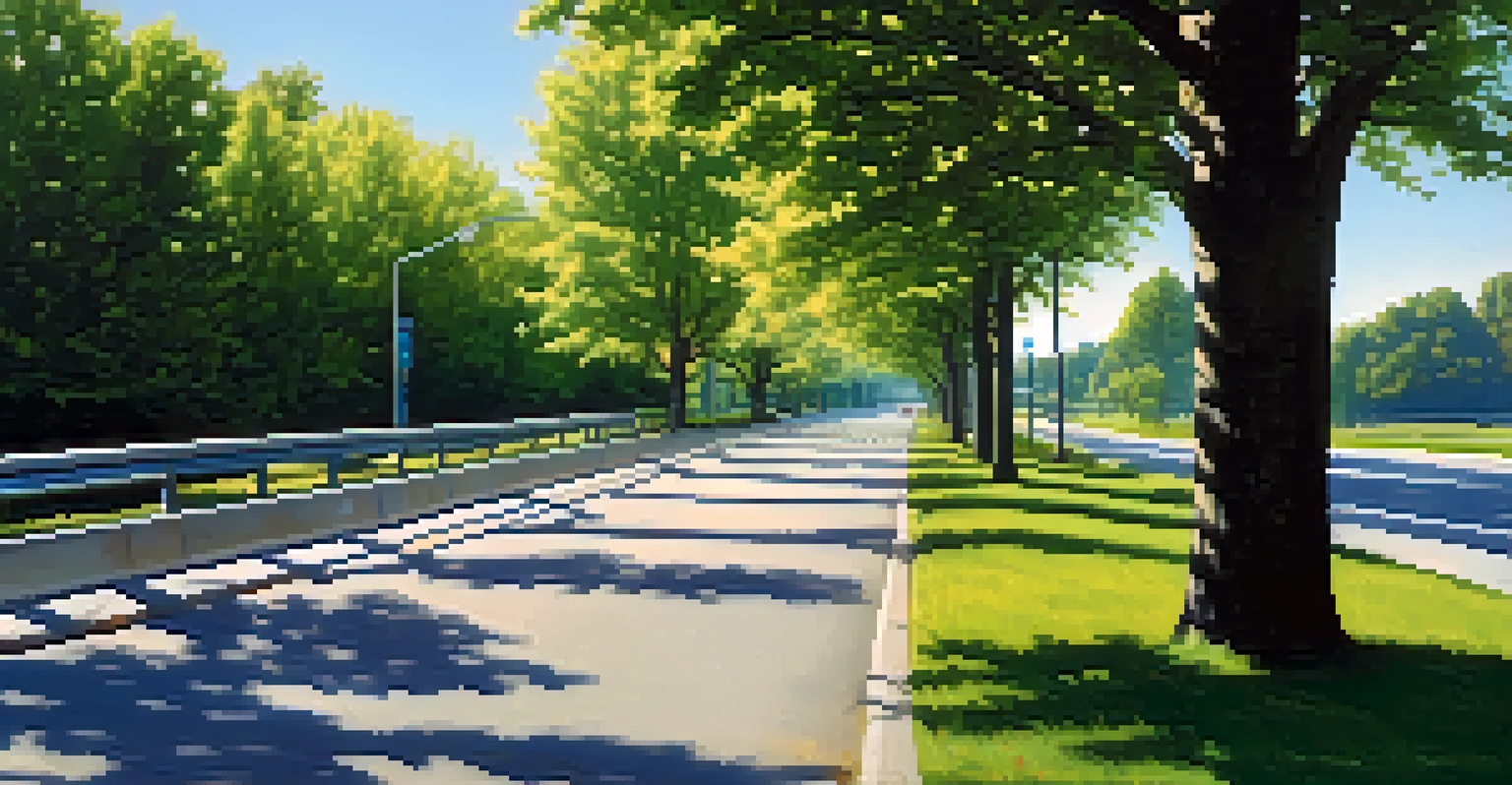 A scenic highway with trees and green infrastructure, including bioswales and permeable pavements under a clear blue sky.