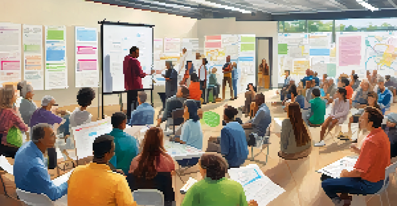 A community meeting with residents discussing bicycle and pedestrian infrastructure, featuring a whiteboard and colorful posters in a collaborative setting.