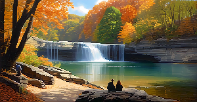 A picturesque autumn scene in Starved Rock State Park with colorful leaves, a waterfall, and a couple enjoying the view.