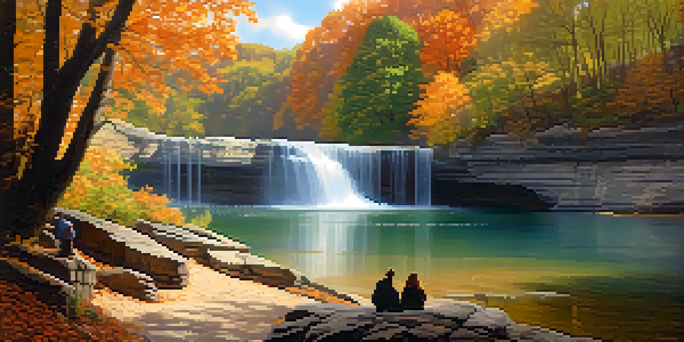 A picturesque autumn scene in Starved Rock State Park with colorful leaves, a waterfall, and a couple enjoying the view.