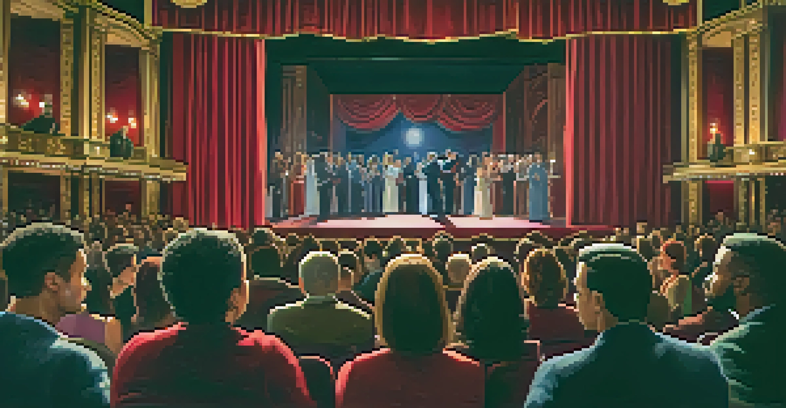 An intimate theater performance with a diverse audience engaged in a powerful drama, highlighted by warm stage lighting and rich red curtains.
