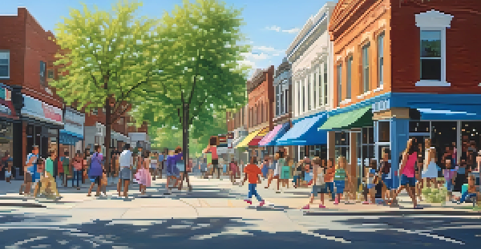 A lively urban street in Illinois with diverse people and colorful storefronts under a clear blue sky.