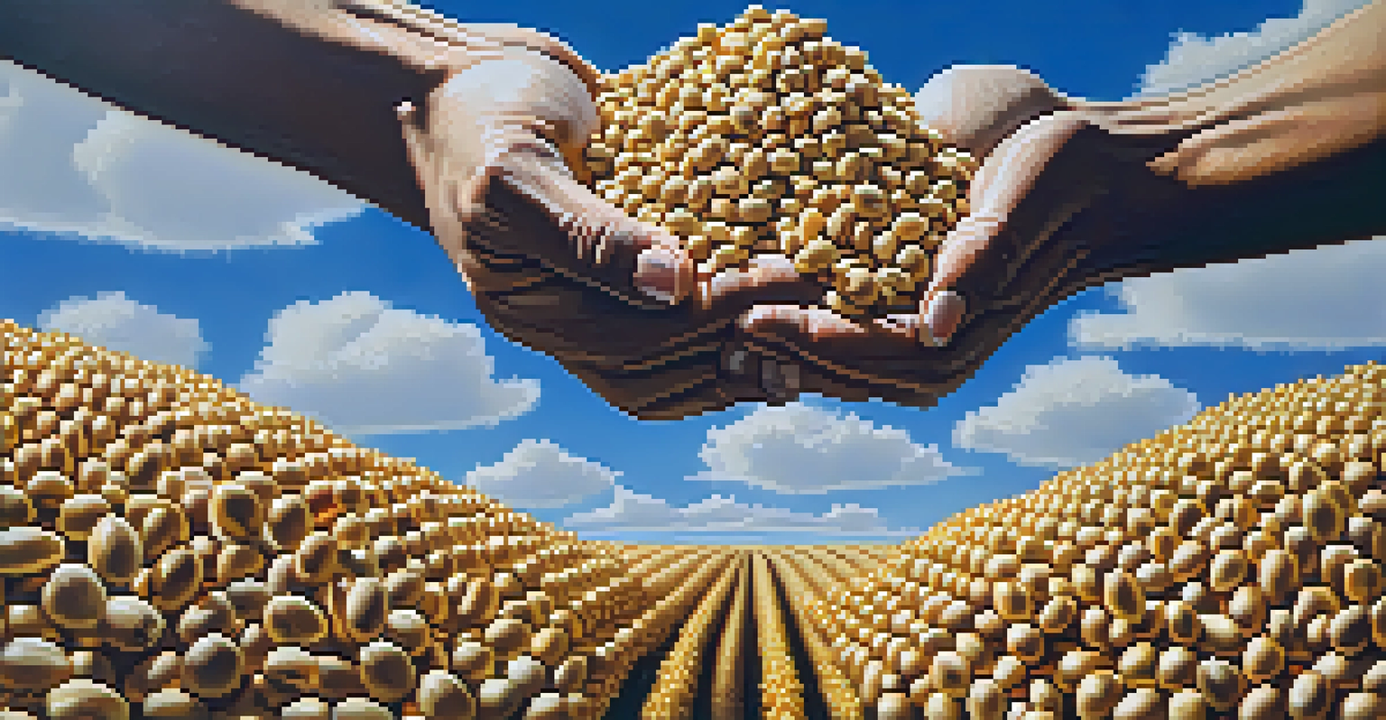 A close-up of a farmer holding freshly harvested soybeans against a backdrop of a soybean field.