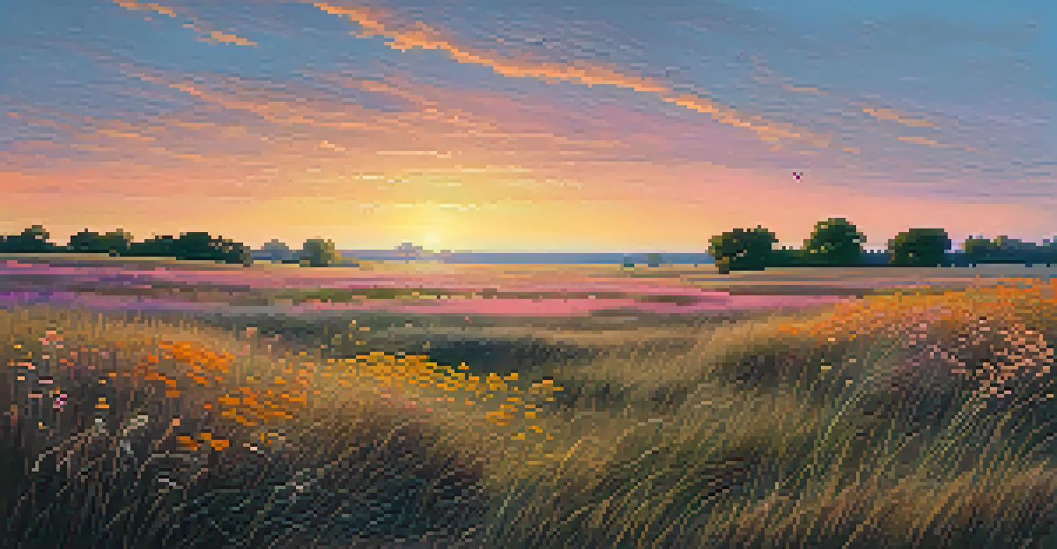A beautiful Illinois prairie landscape at golden hour with wildflowers, tall grasses, and greater prairie-chickens.