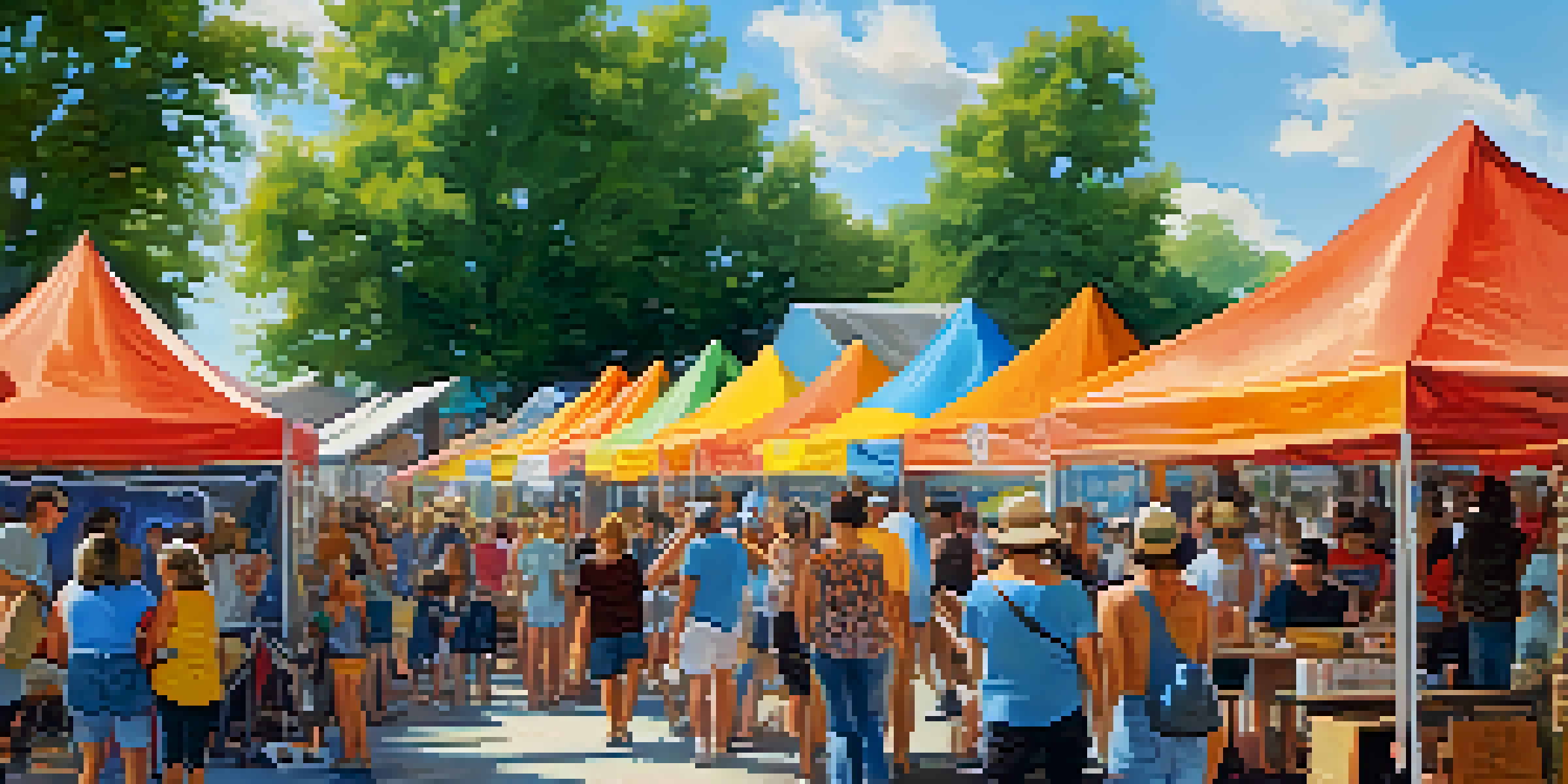 An outdoor art festival in Illinois with local artists displaying their artwork, surrounded by engaged visitors and colorful booths.