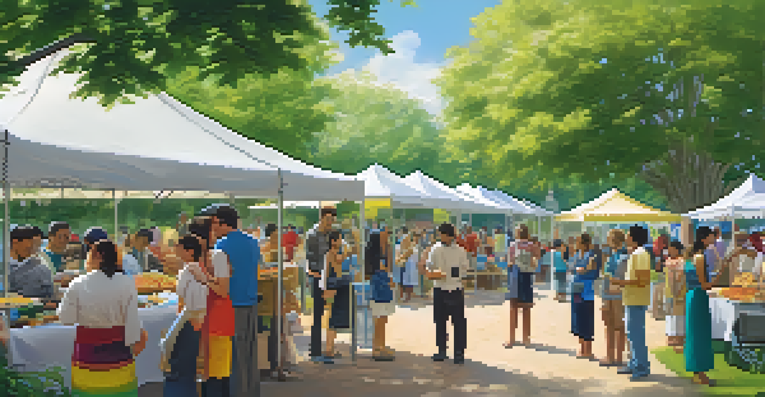 A community event in a park with diverse individuals engaging at booths about different cultures and enjoying traditional foods.