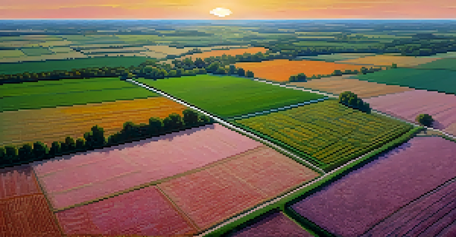 Aerial view of alternating corn and soybean fields in Illinois, with cover crops and a colorful sunrise in the background.