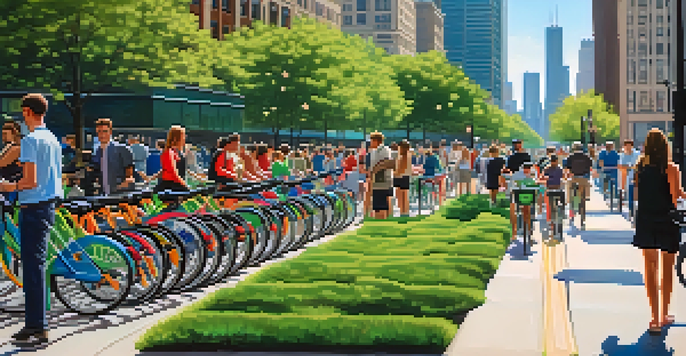 A lively city scene in Chicago with colorful bicycles and people riding bikes amidst tall buildings and green parks.