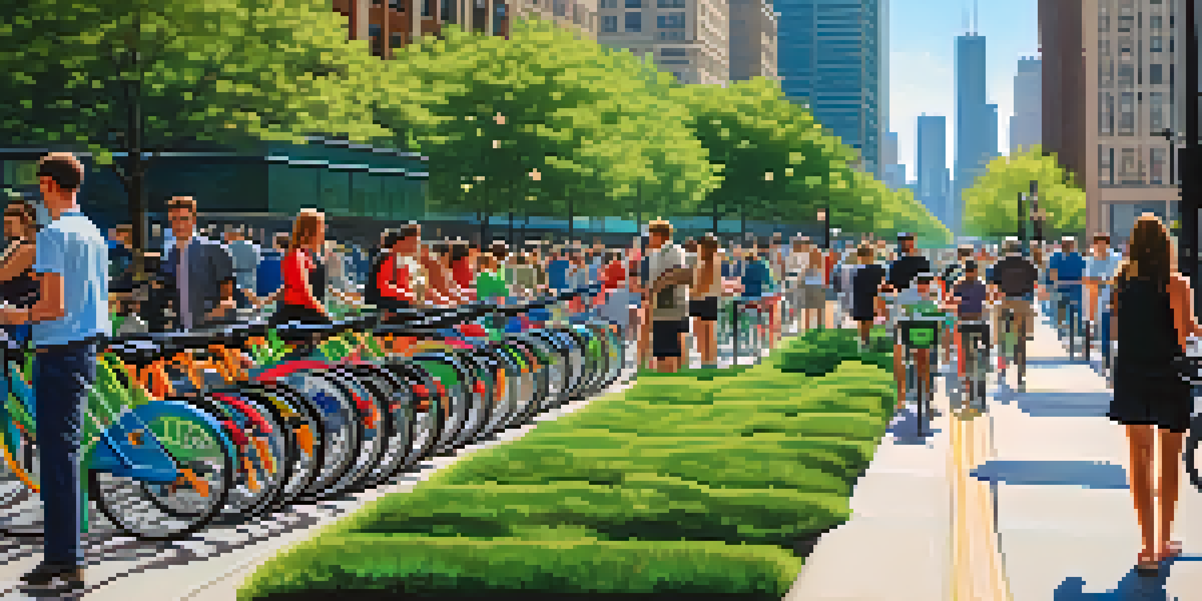 A lively city scene in Chicago with colorful bicycles and people riding bikes amidst tall buildings and green parks.