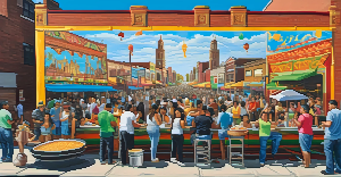 A lively street scene in Pilsen, Chicago, featuring a colorful mural and food stalls with people enjoying traditional Mexican food.