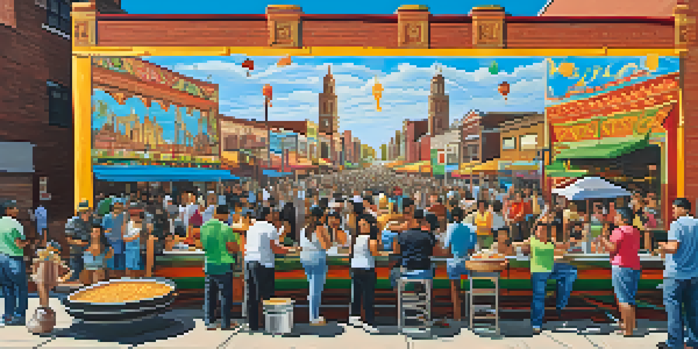 A lively street scene in Pilsen, Chicago, featuring a colorful mural and food stalls with people enjoying traditional Mexican food.