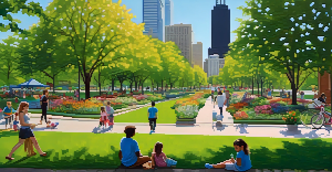 A lively urban park with green trees, colorful flowers, and families enjoying the outdoors in Chicago.