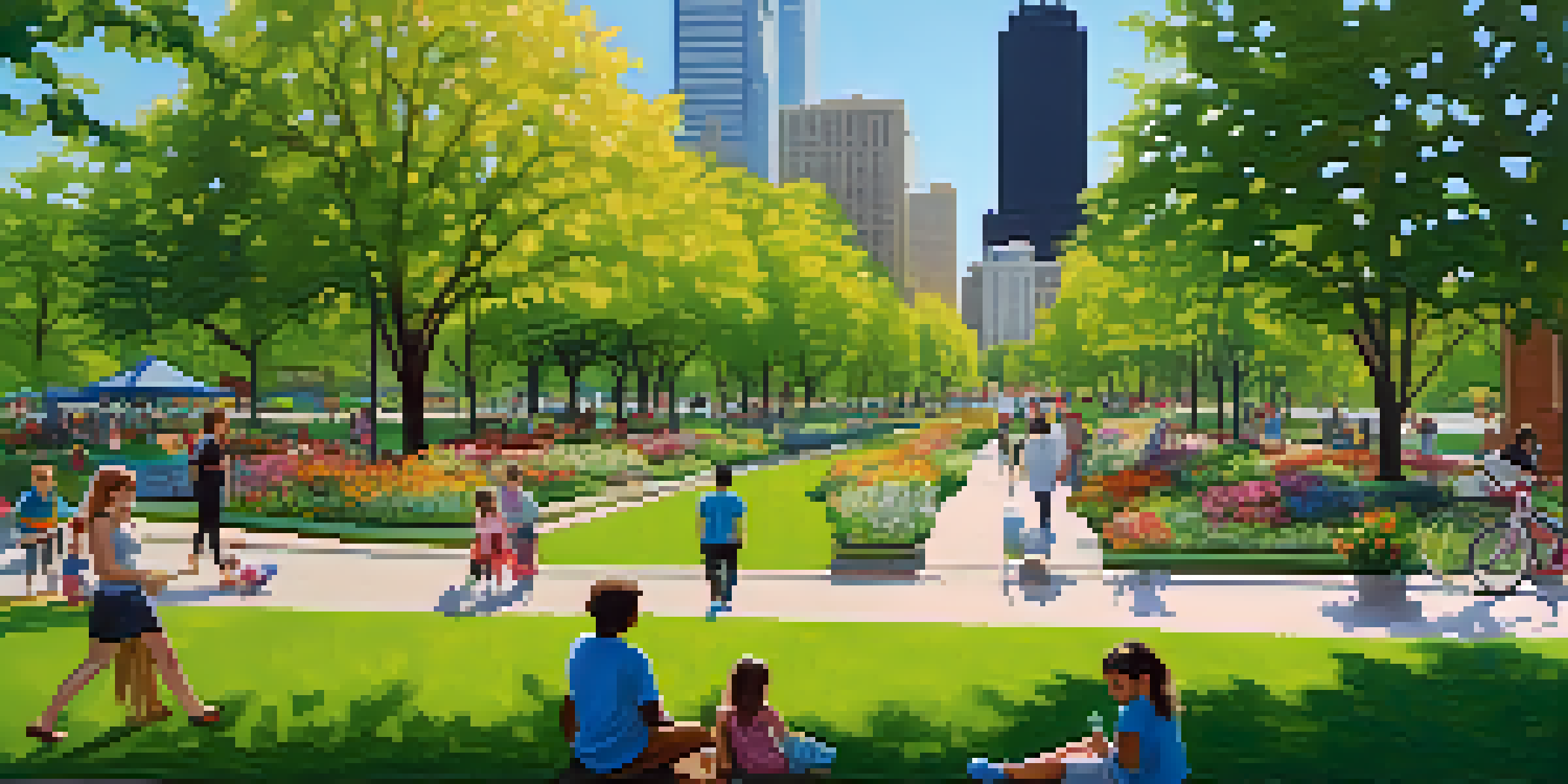 A lively urban park with green trees, colorful flowers, and families enjoying the outdoors in Chicago.