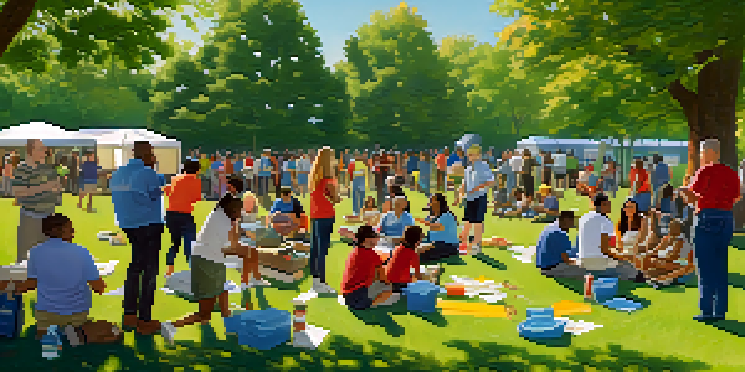 A diverse group of people in a park participating in emergency preparedness training, surrounded by emergency kits and materials under a clear blue sky.