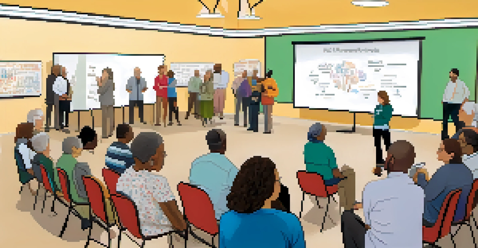 A diverse group of residents participating in a town hall meeting about climate adaptation.