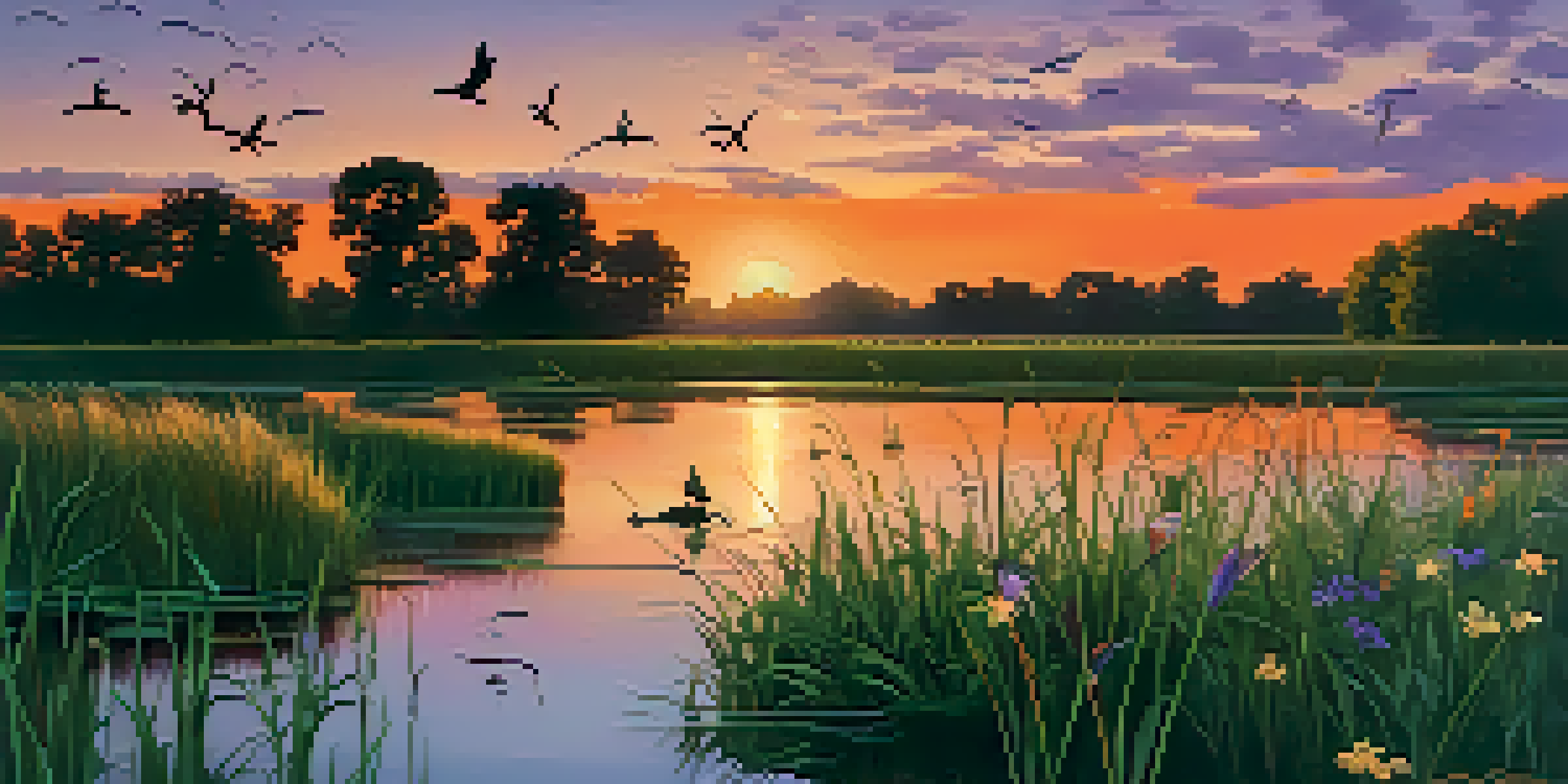 A picturesque Illinois wetland at sunset with tall grasses, colorful wildflowers, and a flock of birds flying in the sky.