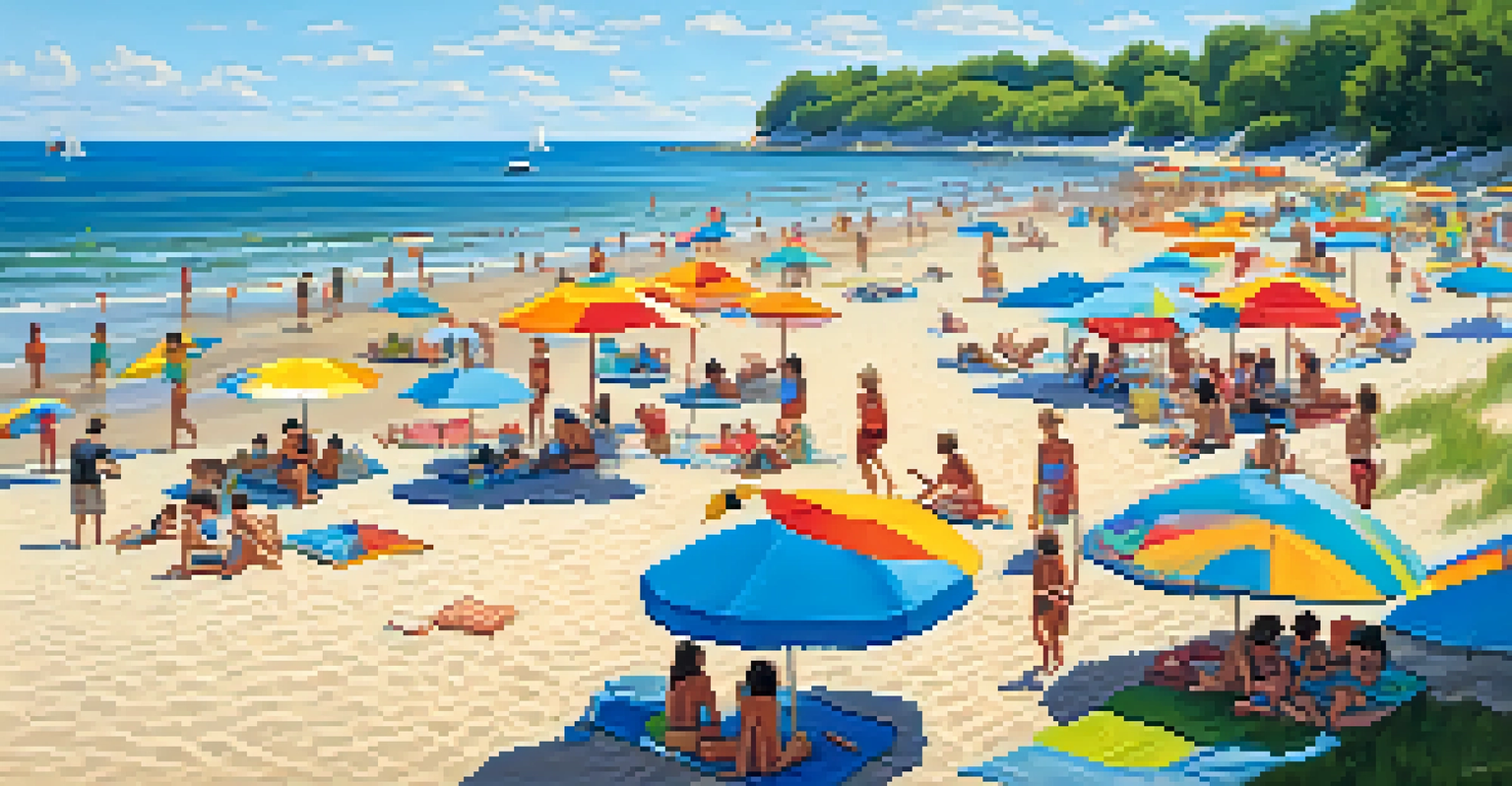 Families enjoying a sunny day at a sandy beach, playing in the water and having a picnic.