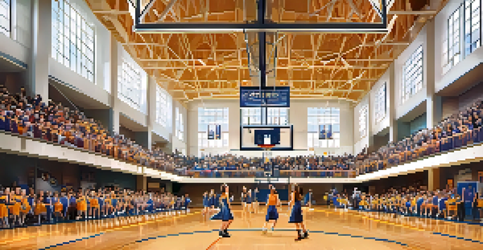 A lively high school gym with students cheering during a girls' basketball game, featuring players in colorful uniforms.