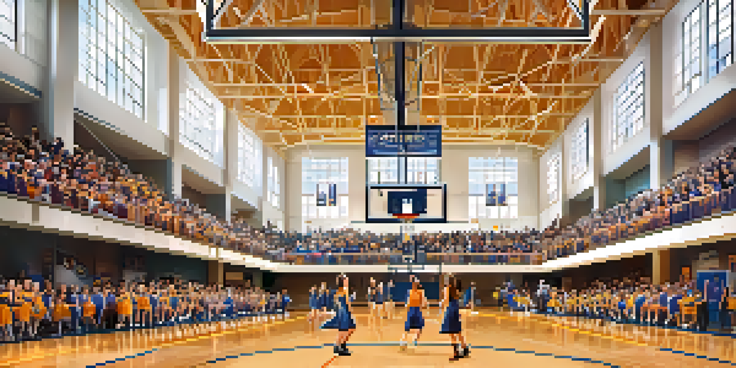 A lively high school gym with students cheering during a girls' basketball game, featuring players in colorful uniforms.