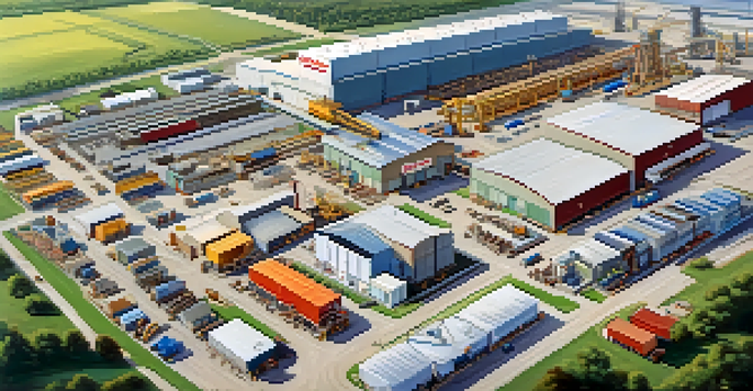 Aerial view of a busy manufacturing facility with workers and machinery, surrounded by green fields and blue skies.
