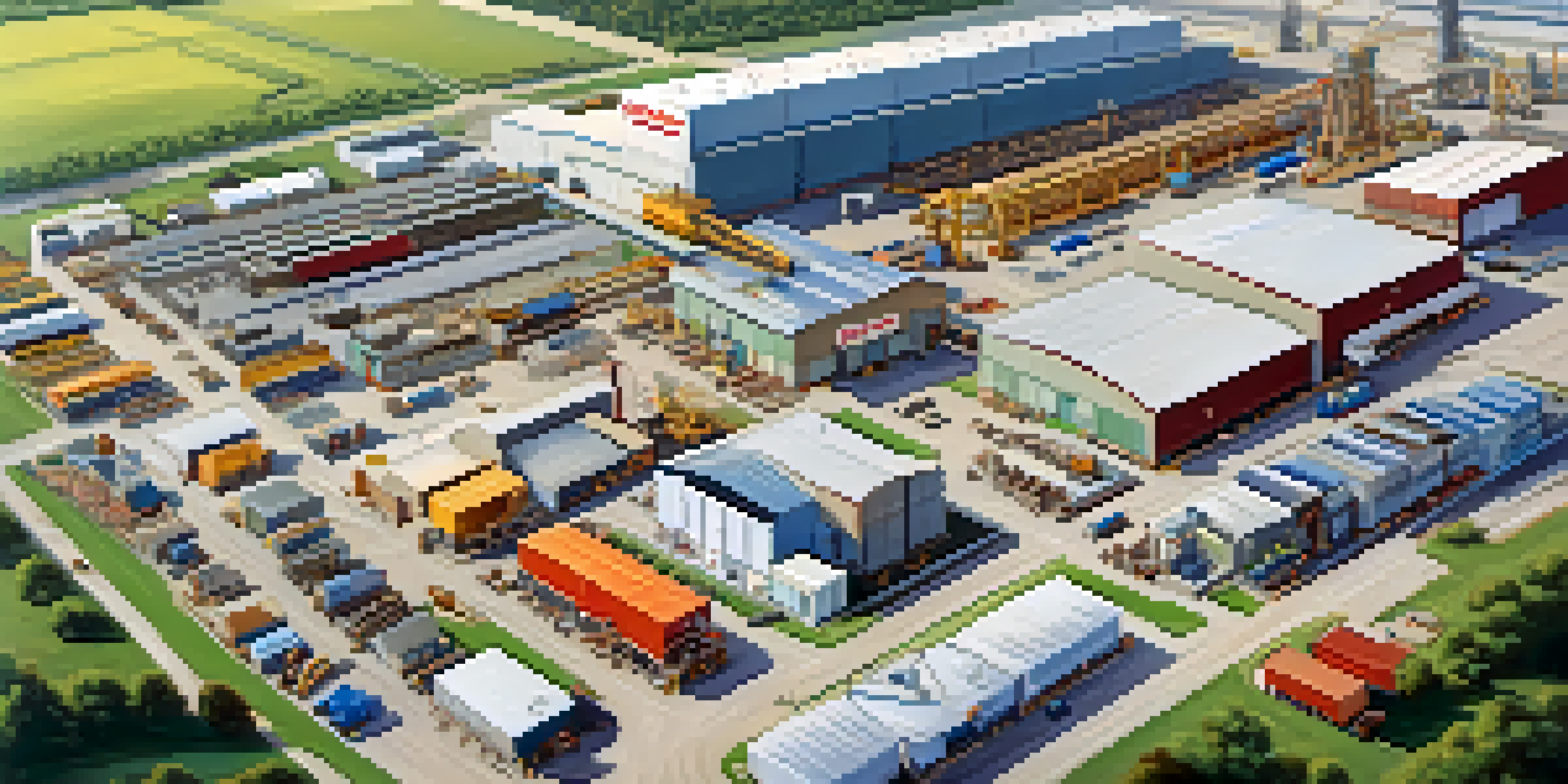 Aerial view of a busy manufacturing facility with workers and machinery, surrounded by green fields and blue skies.