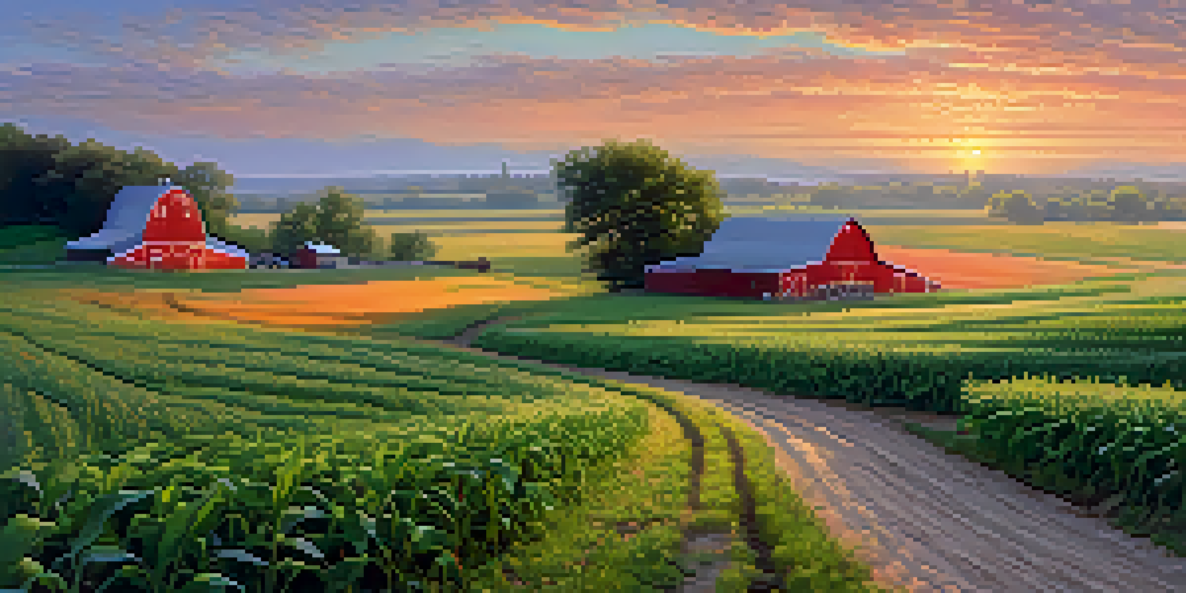 A serene Illinois farm landscape at sunrise featuring corn and soybean fields, a red barn, wildflowers, and a dirt path.