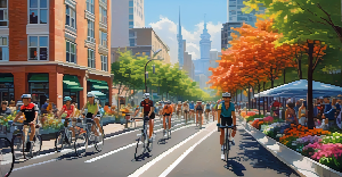 A busy urban street featuring a bicycle lane with diverse cyclists and pedestrians, surrounded by green plants and colorful flowers under bright sunlight.