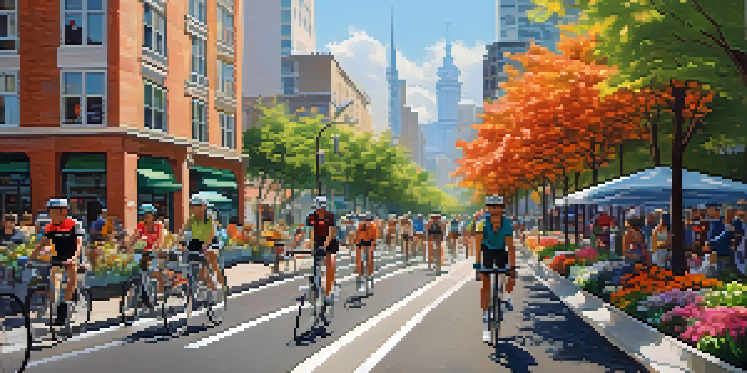 A busy urban street featuring a bicycle lane with diverse cyclists and pedestrians, surrounded by green plants and colorful flowers under bright sunlight.