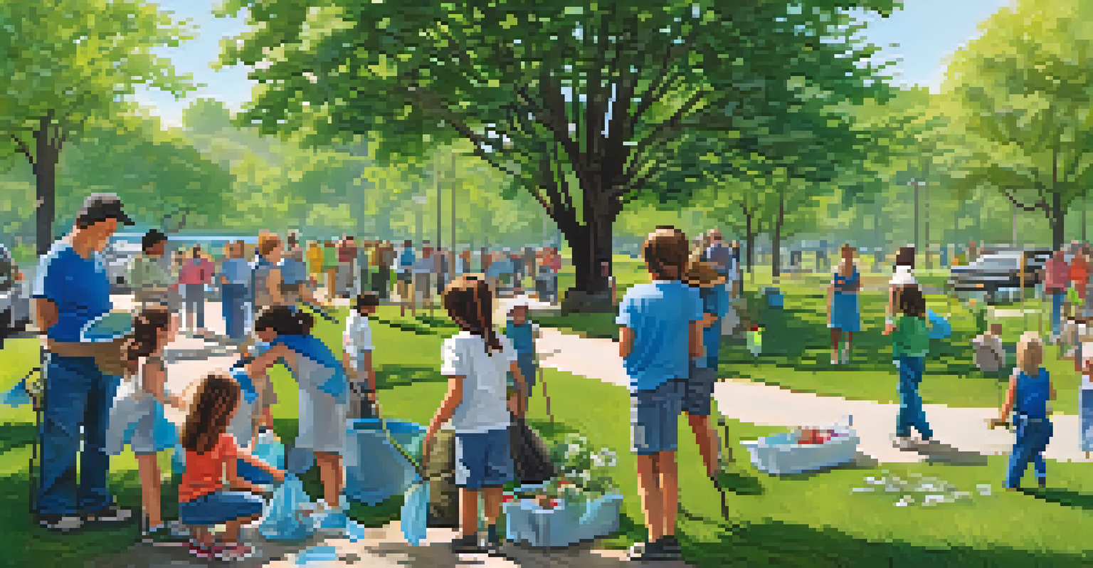 Families and children participating in a community clean-up event at a park, surrounded by greenery and a clear blue sky.