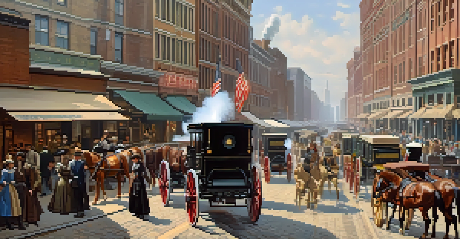 A busy 19th-century street scene in Chicago with horse-drawn carriages and industrial architecture.
