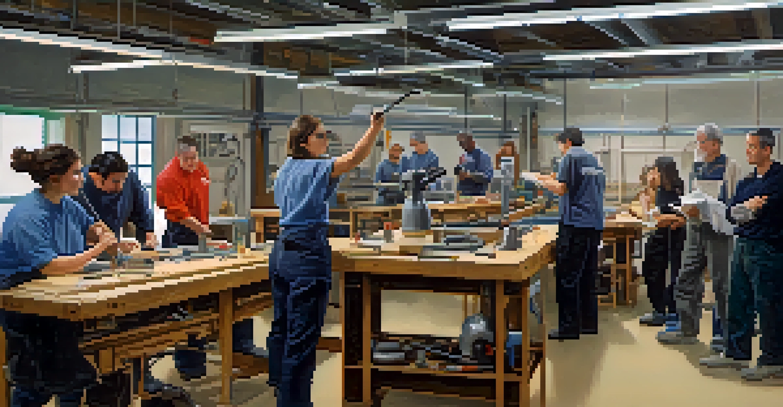 A community college instructor demonstrating a technique in a technical training workshop, with students engaged and learning.