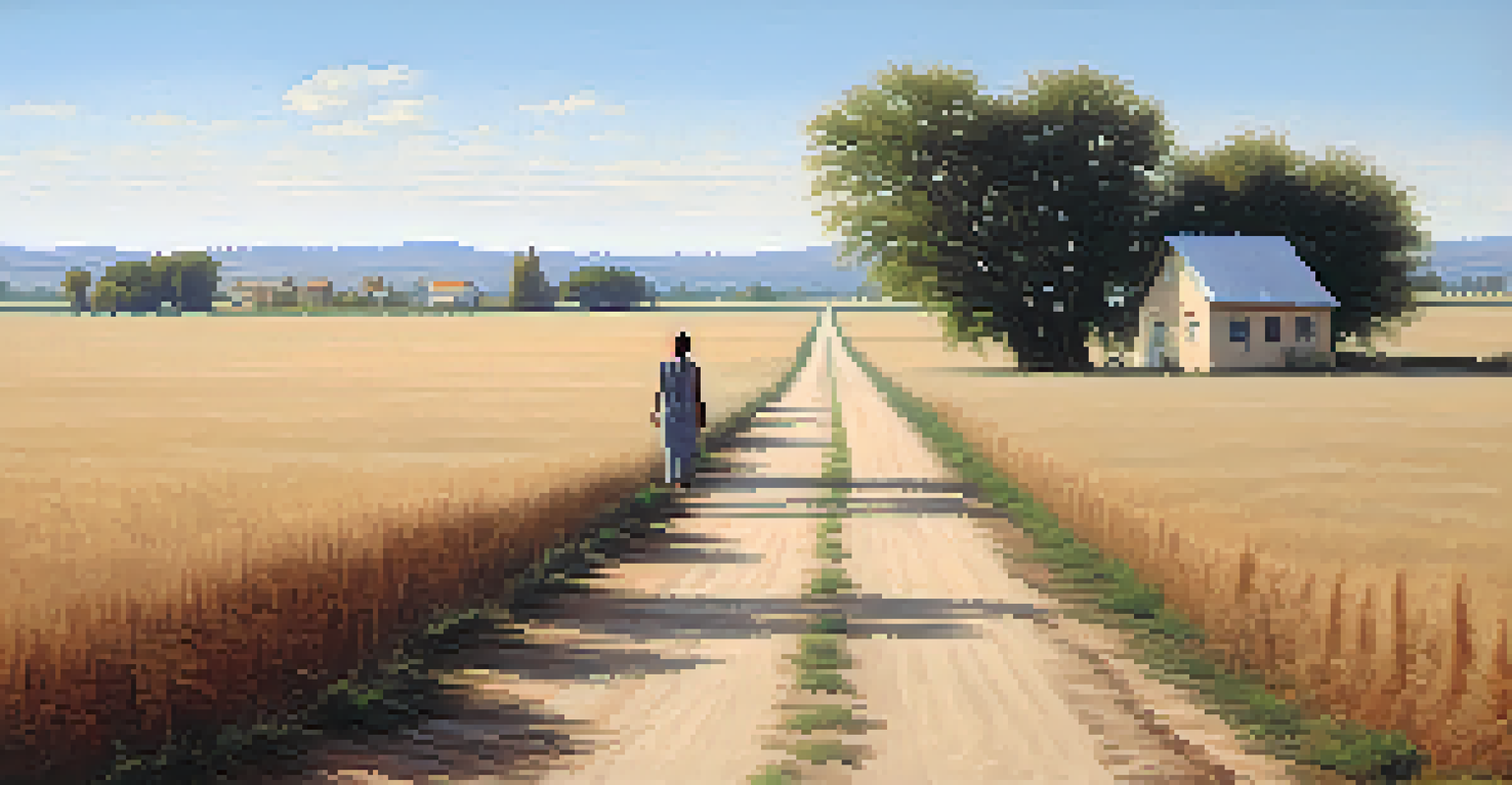 A person walking along a rural road towards a health clinic in the distance, surrounded by fields and a clear blue sky.