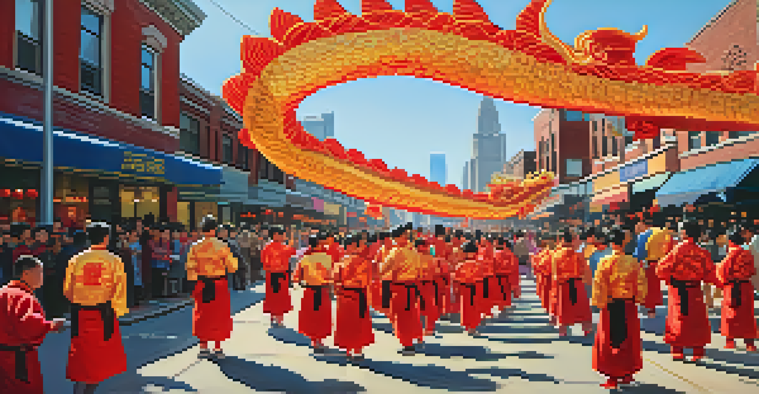 A colorful dragon dance during the Lunar New Year Celebration in Chicago, with festive decorations and excited spectators.