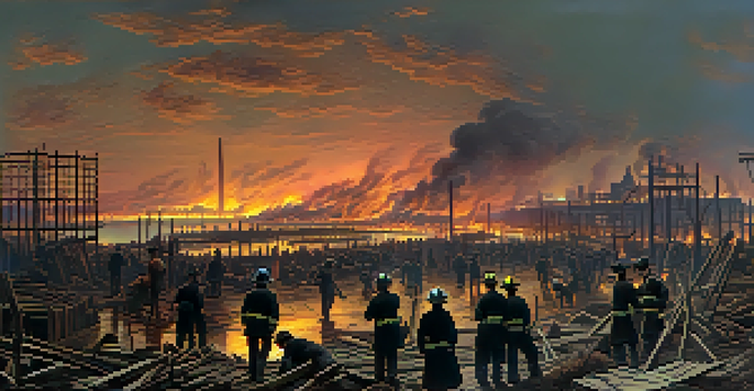 A wide view of Chicago after the Great Fire of 1871, featuring burnt buildings, firefighters, and volunteers amidst a twilight sky.
