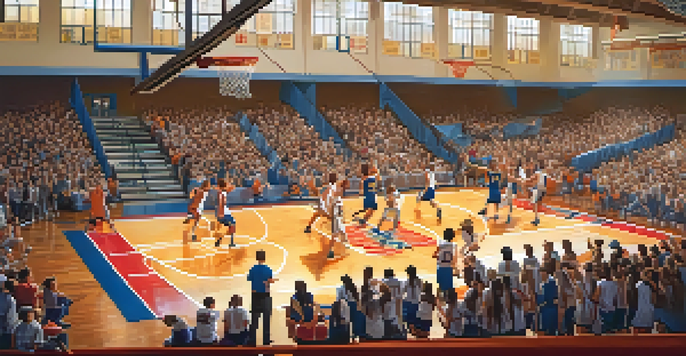 A high school basketball game with young athletes in action, surrounded by enthusiastic fans in a colorful gym.