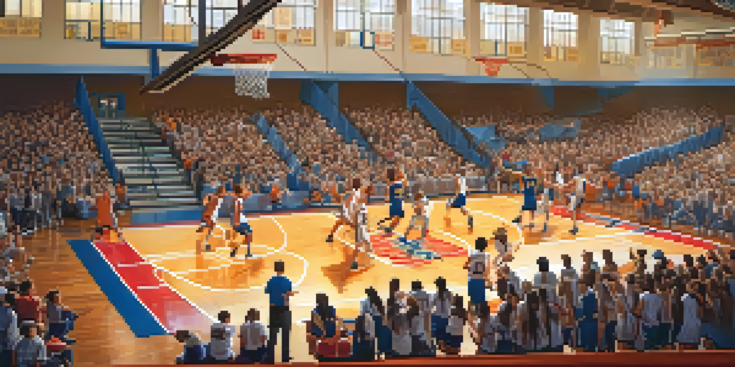 A high school basketball game with young athletes in action, surrounded by enthusiastic fans in a colorful gym.