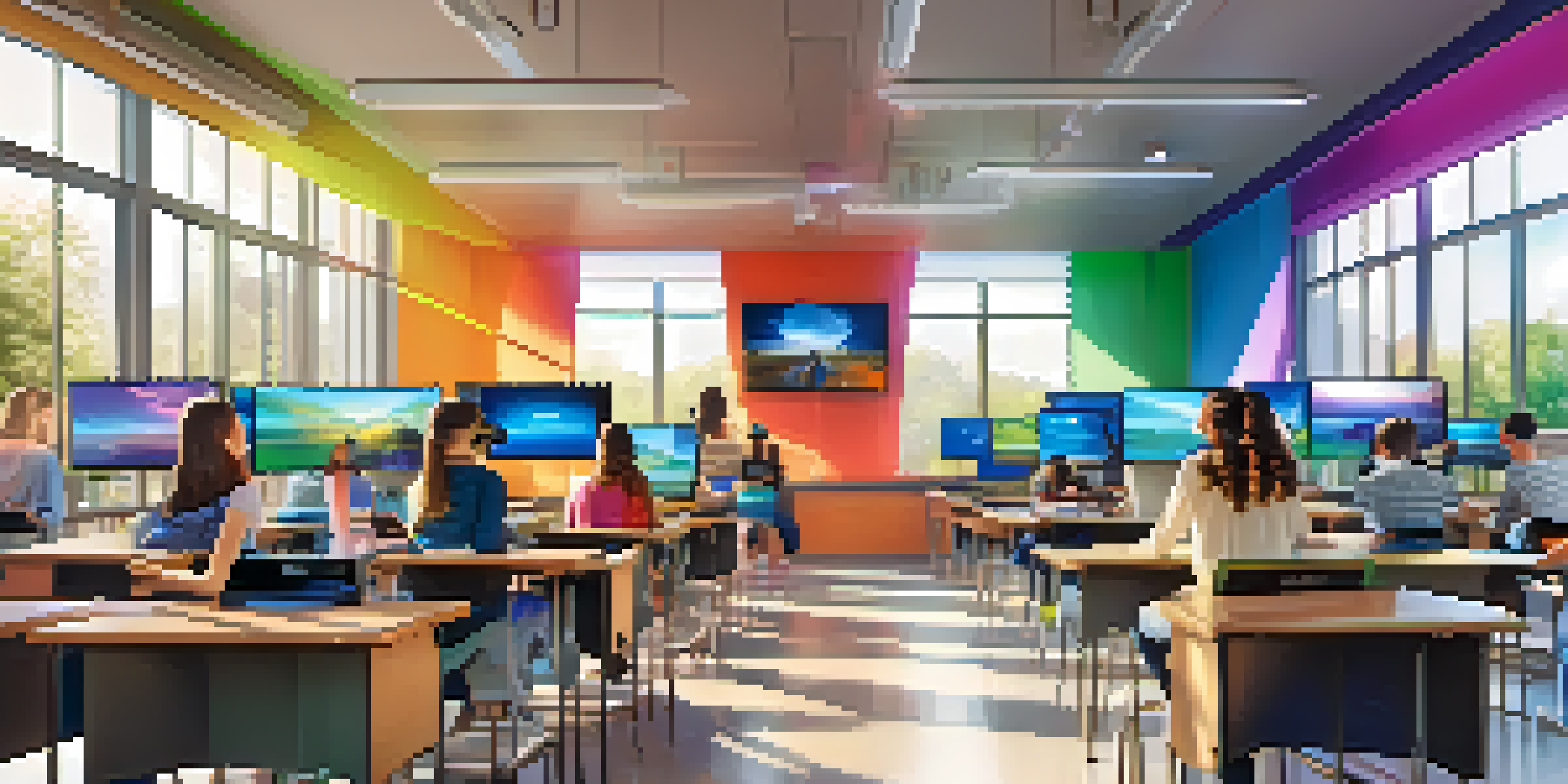 A classroom with students using technology, including laptops and virtual reality headsets, illuminated by natural light.