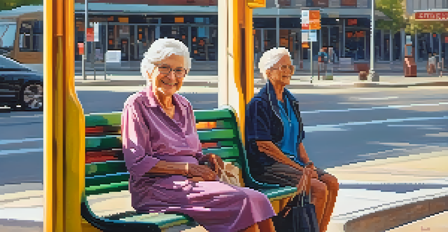 An elderly woman smiling at a bus stop, holding a shopping bag with a city backdrop.