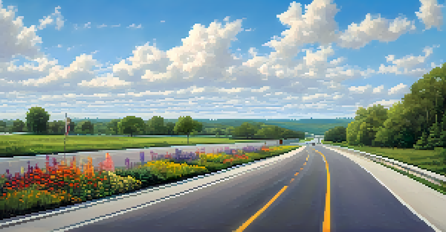 Scenic view of a widened highway with bike lanes and green surroundings under a blue sky.